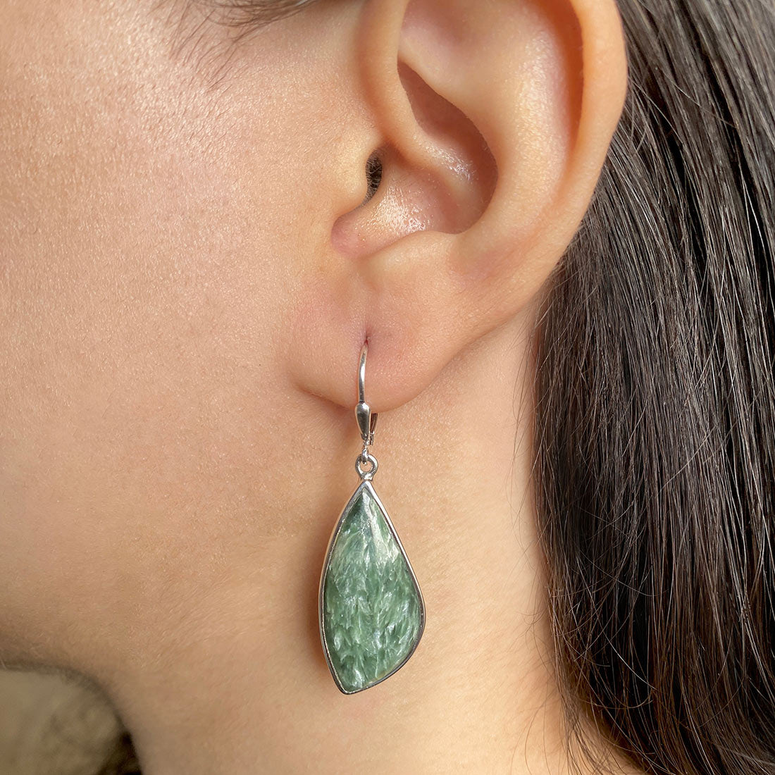 Premium Seraphinite Statement Earrings - Elegant Green Gemstone Jewelry