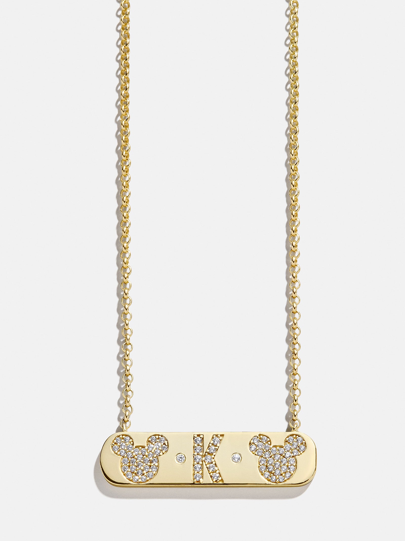 Premium Mickey Mouse 18K Gold Plated Initial Bar Necklace with Cubic Zirconia - Gold/Pavé