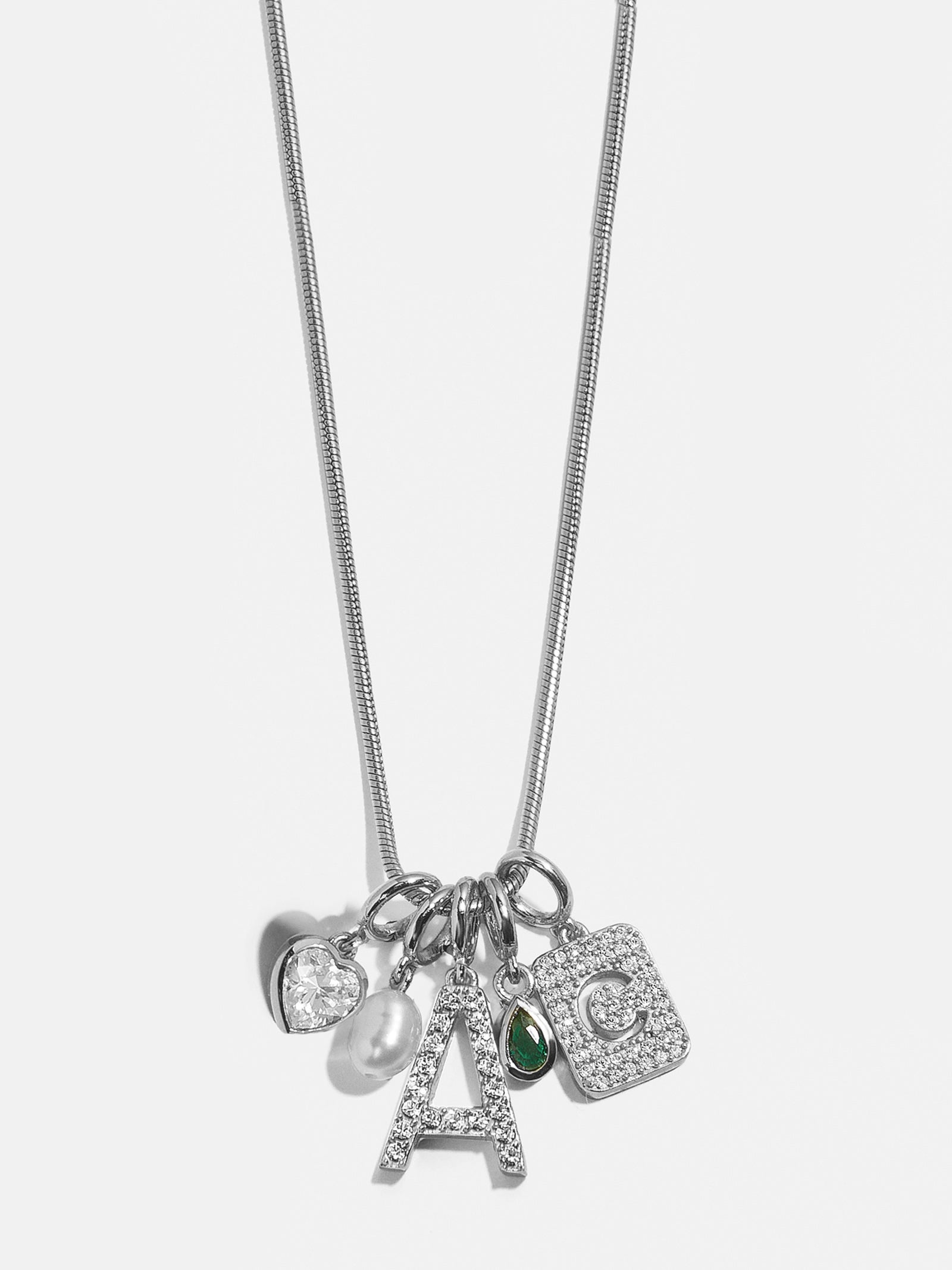 Premium Silver Block Pave Cluster Charm Necklace - J