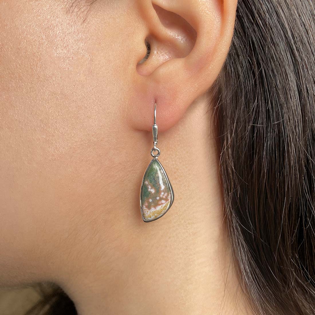 Premium Ocean Jasper Statement Earrings - Elegant Silver Design