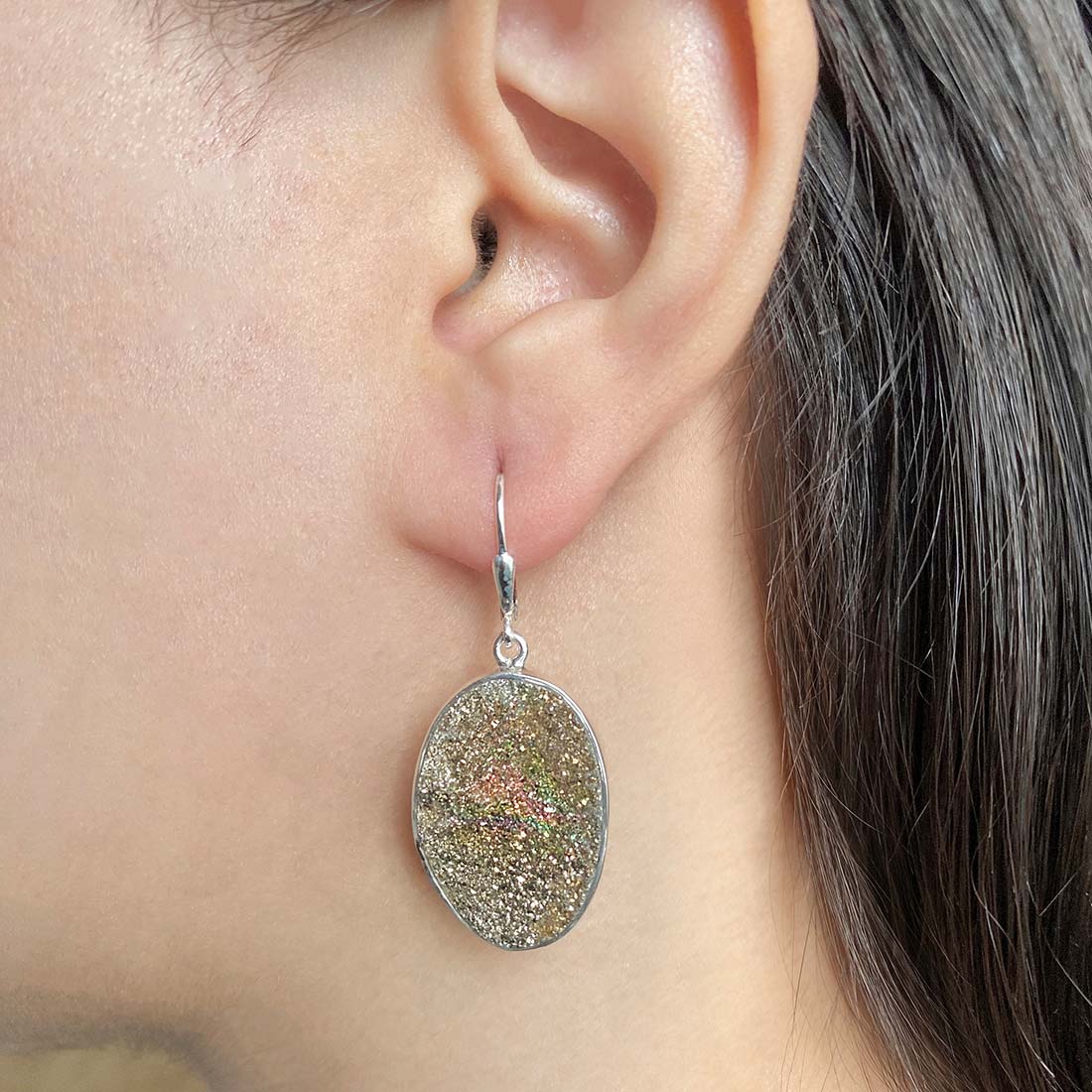 Premium Spectropyrite Druzy Earrings - Bold & Shimmering Silver Statement Jewelry