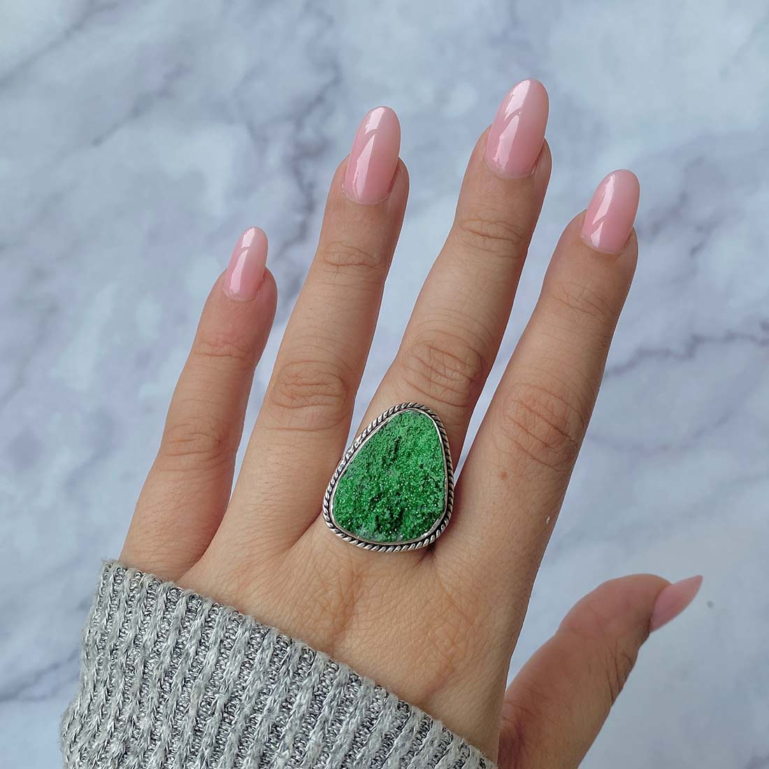 Premium Uvarovite Druzy Adjustable Ring - Elegant Green Gemstone Jewelry