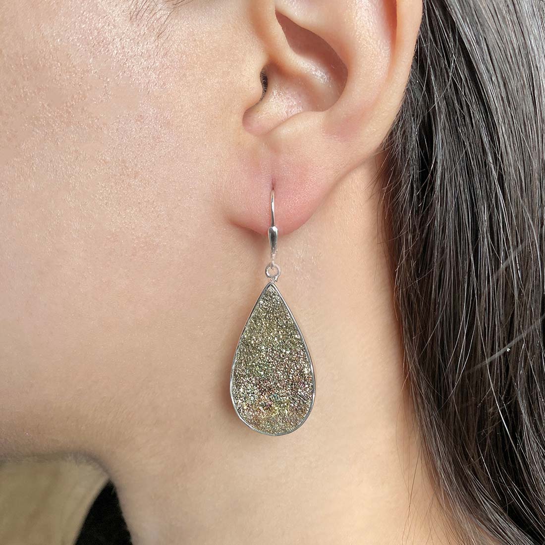 Premium Spectropyrite Druzy Earrings - Elegant Silver Statement Piece (SPD-E-29)