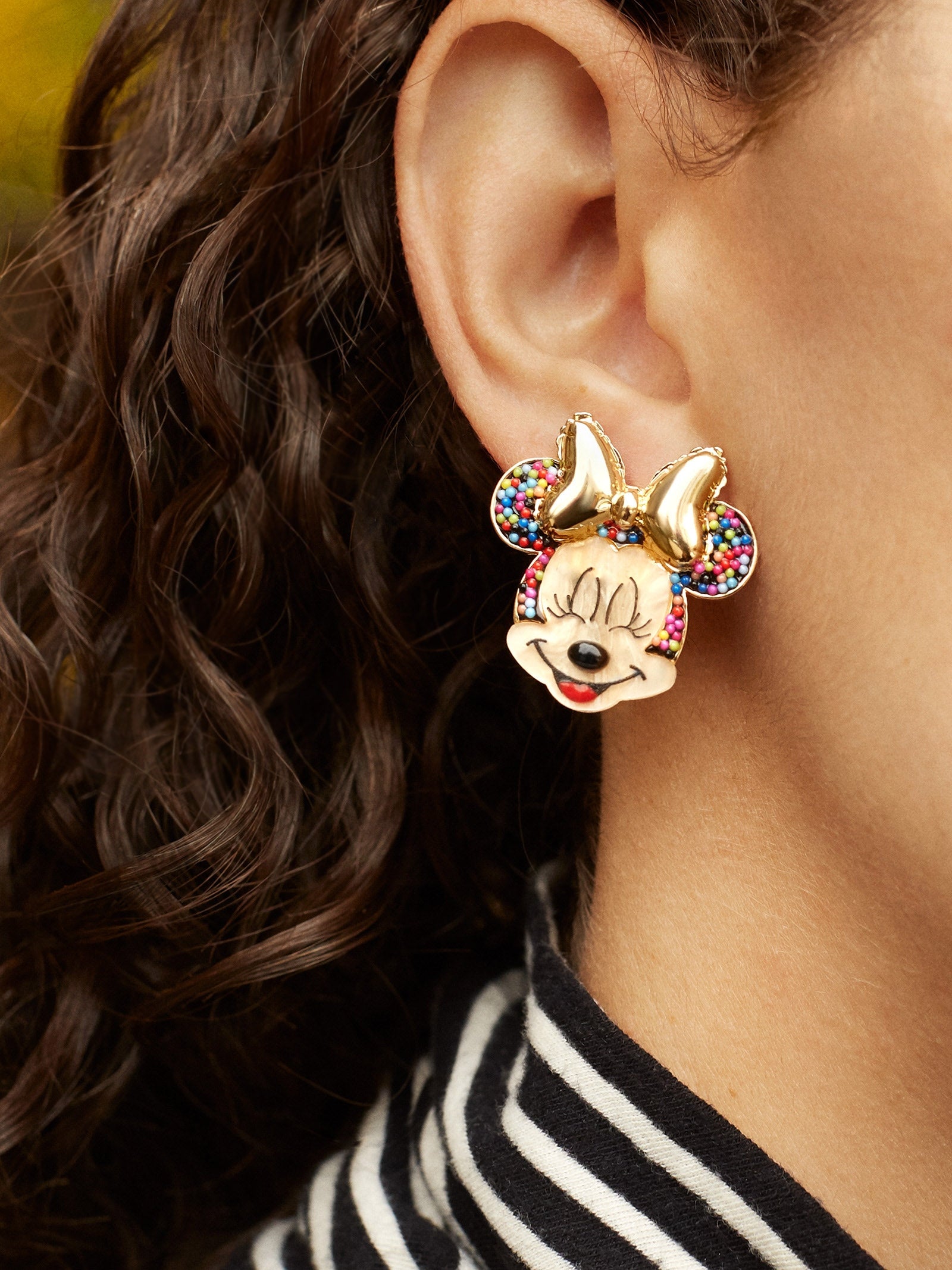 Premium Minnie Mouse Disney Birthday Earrings - Gold Balloon Bow & Sprinkle Ears