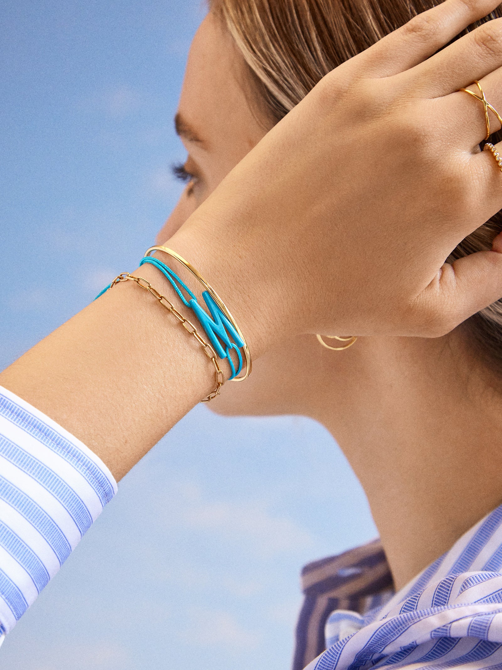 Premium Aqua East West Initial Cord Bracelet - Personalized Style