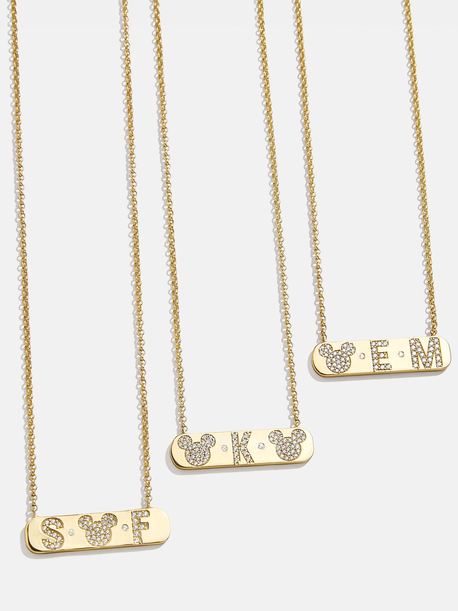 Premium Mickey Mouse 18K Gold Plated Initial Bar Necklace with Cubic Zirconia - Gold/Pavé