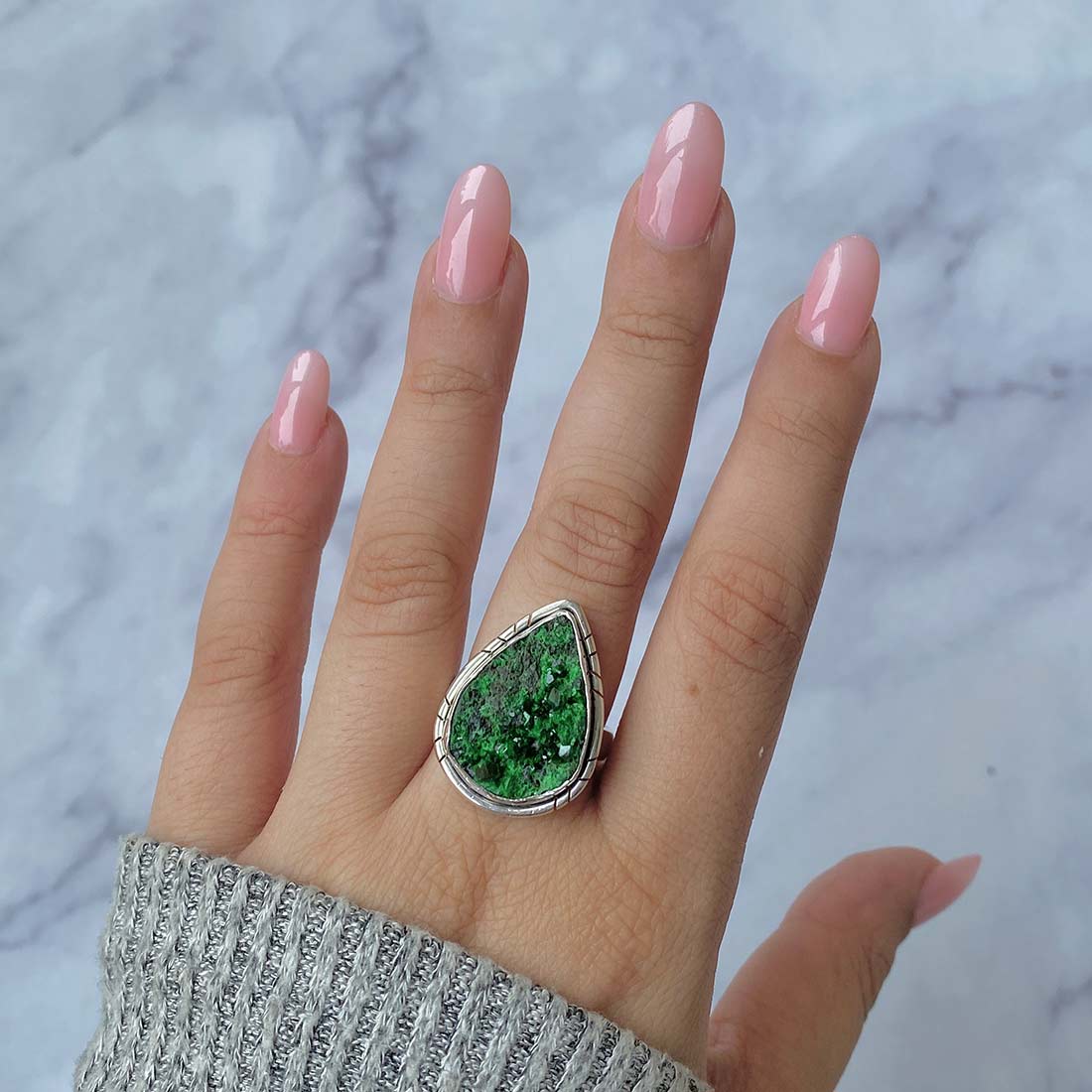 Premium Uvarovite Druzy Statement Ring - UVR-R-29