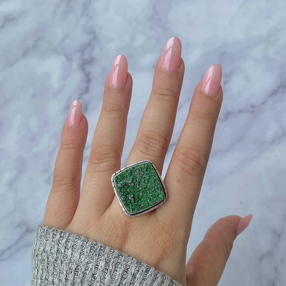 Premium Uvarovite Druzy Adjustable Ring - Ultimate Elegance (UVR-R-44)