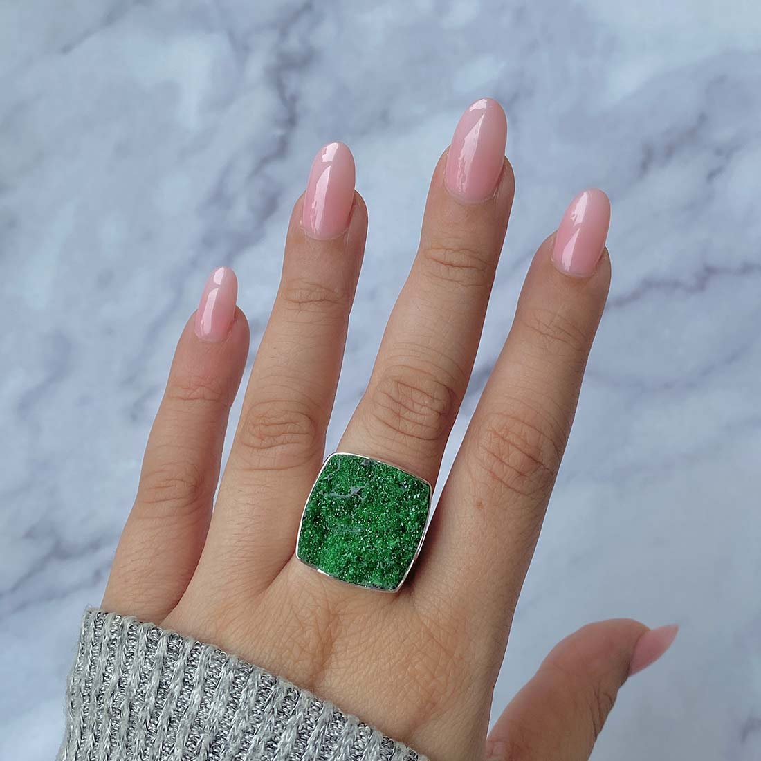 Premium Uvarovite Druzy Adjustable Ring - Elegant Green Gemstone Jewelry