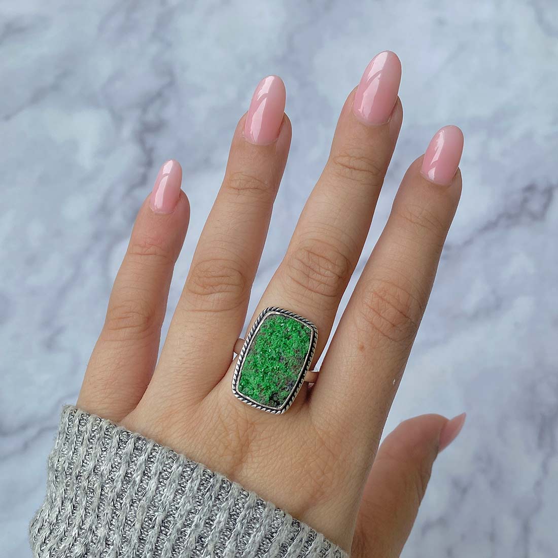 Premium Uvarovite Druzy Adjustable Ring - Elegant Green Gemstone Jewelry