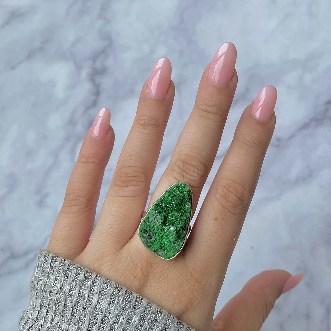 Premium Uvarovite Druzy Adjustable Ring - Elegant Green Gemstone Jewelry