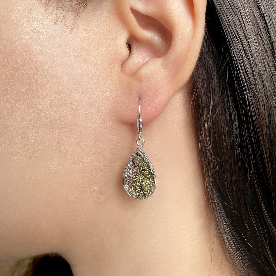 Premium Spectropyrite Druzy Earrings - Elegant Silver Statement Piece