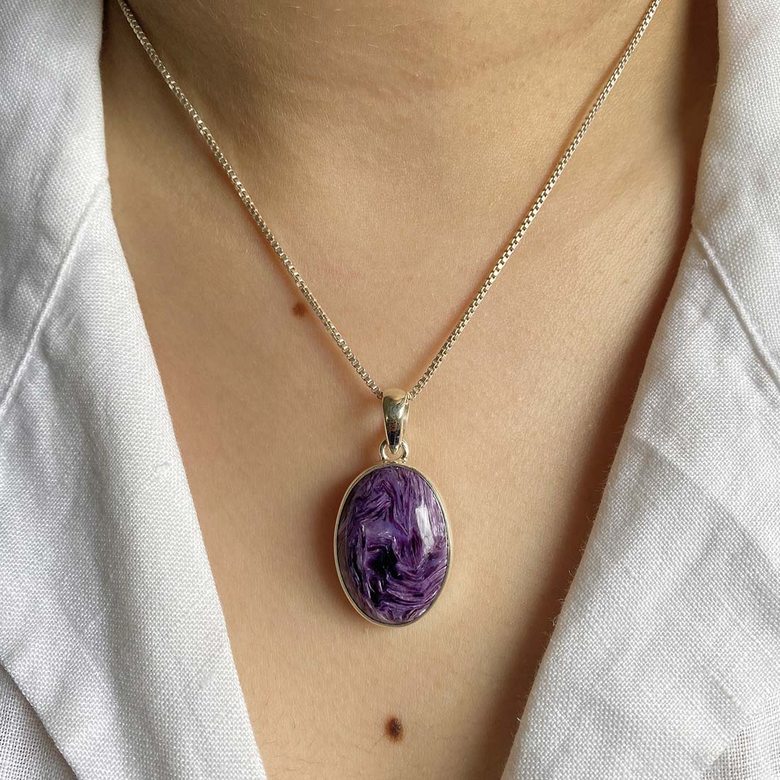 Premium Charoite Statement Pendant - Elegant Purple Silver Jewelry