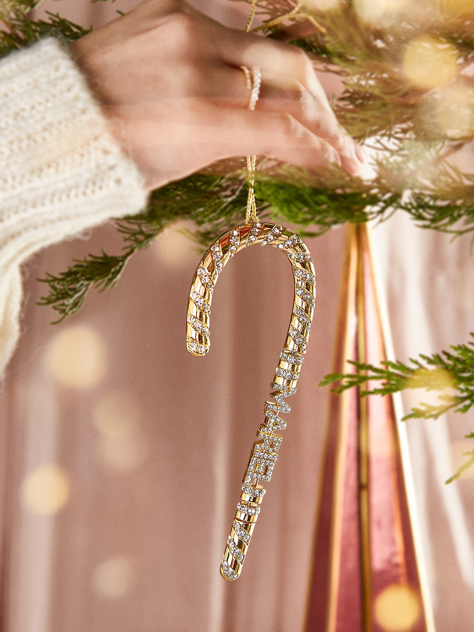 Premium Custom Crystal Candy Cane Ornament - Gold & Pavé