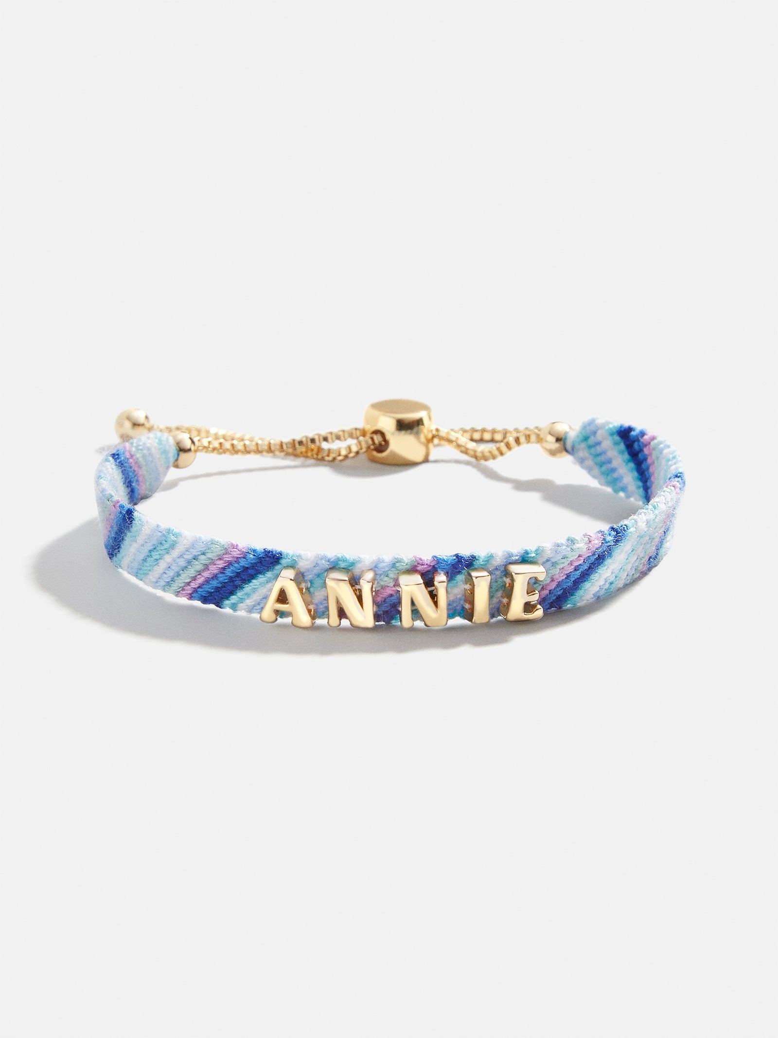 Premium Custom Woven Friendship Bracelet - Blue Ombre Stripe with Gold Letter Beads