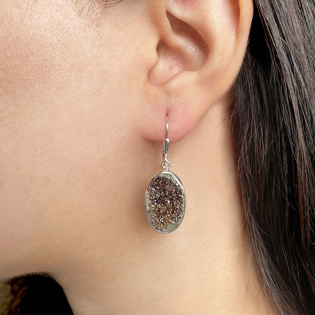 Premium Spectropyrite Druzy Earrings - Elegant Silver Statement Piece