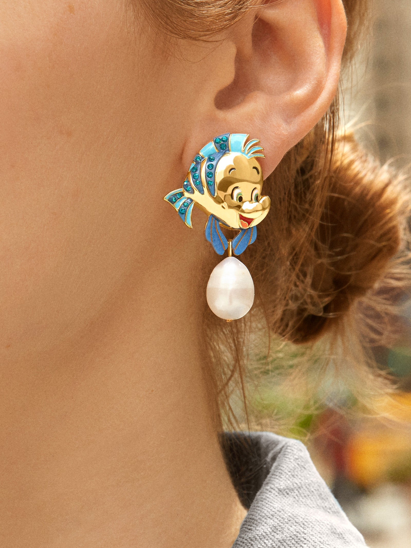 Premium Flounder Disney Drop Earrings - Blue Pearl Accent