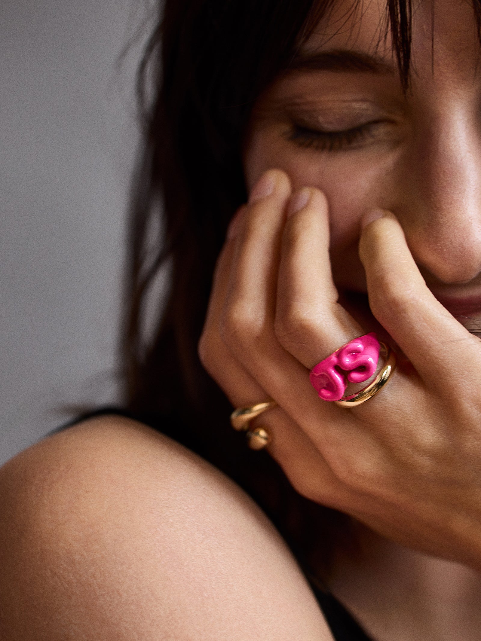 Premium Double Initial Enamel Block Ring - Vibrant Hot Pink