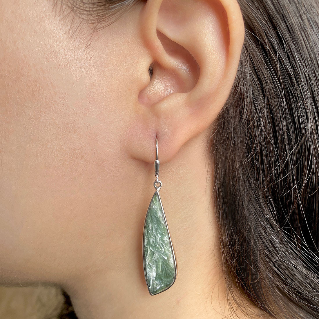 Premium Seraphinite Statement Earrings - Elegant Green Gemstone Jewelry