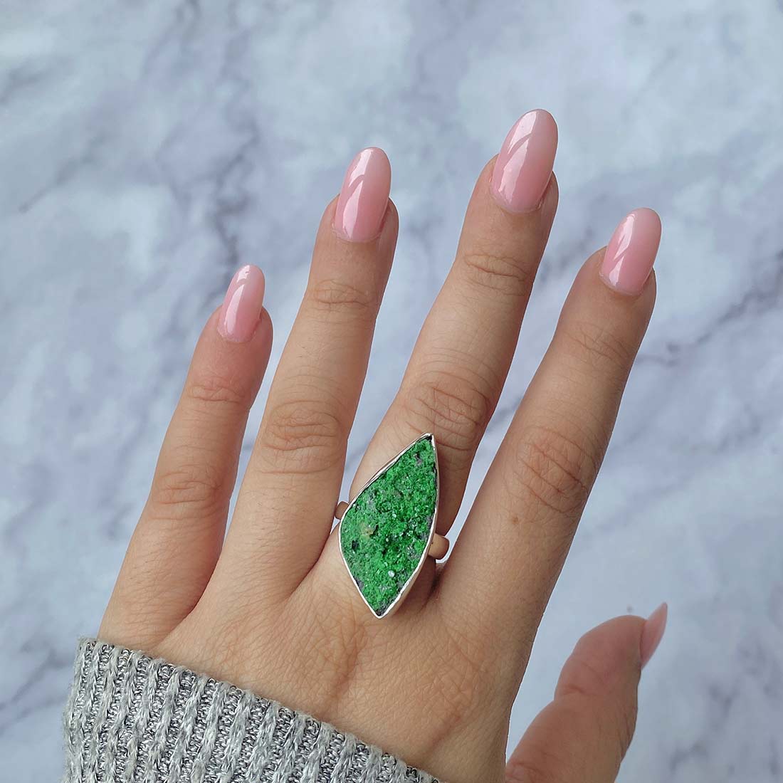 Premium Uvarovite Druzy Adjustable Ring - Elegant Green Gemstone Jewelry (UVR-R-37)