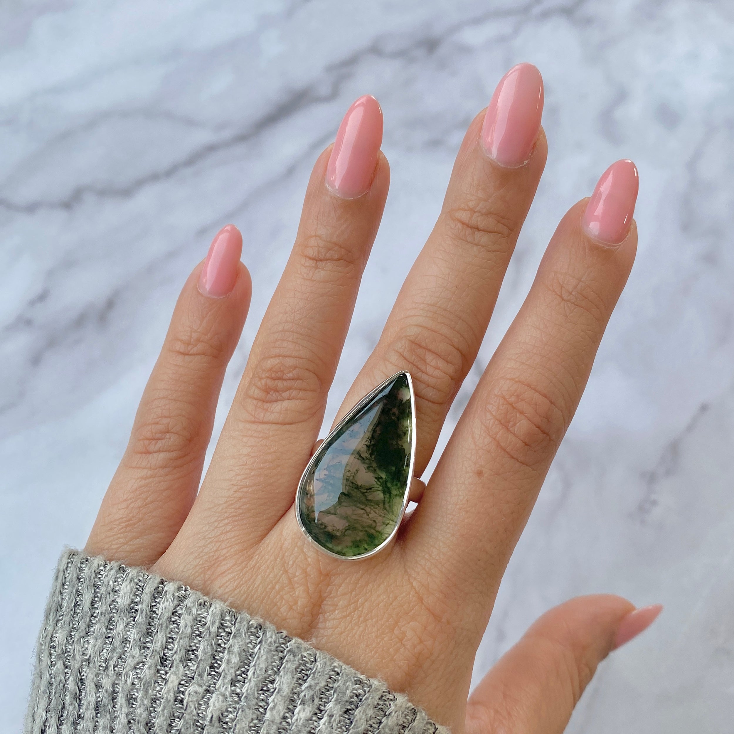 Premium Moss Agate Statement Ring - Sterling Silver Elegance (MOA-R-18)