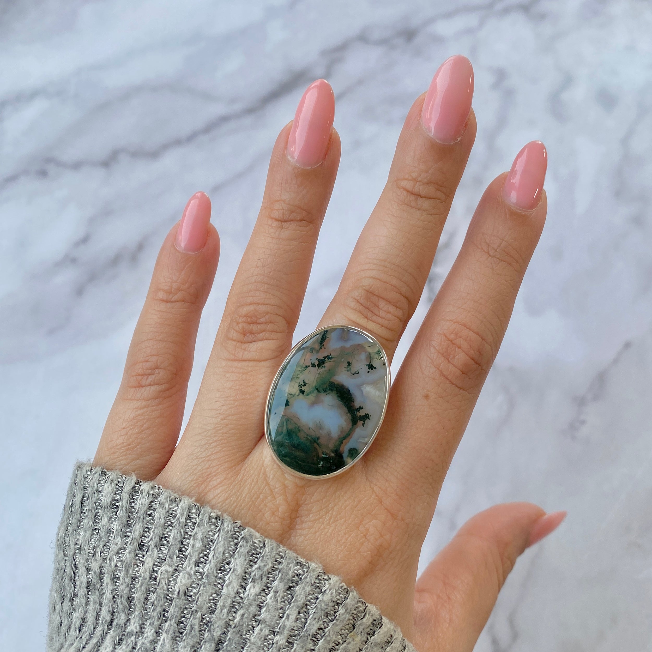 Premium Moss Agate Adjustable Ring - Elegant Statement Jewelry (MOA-R-28)