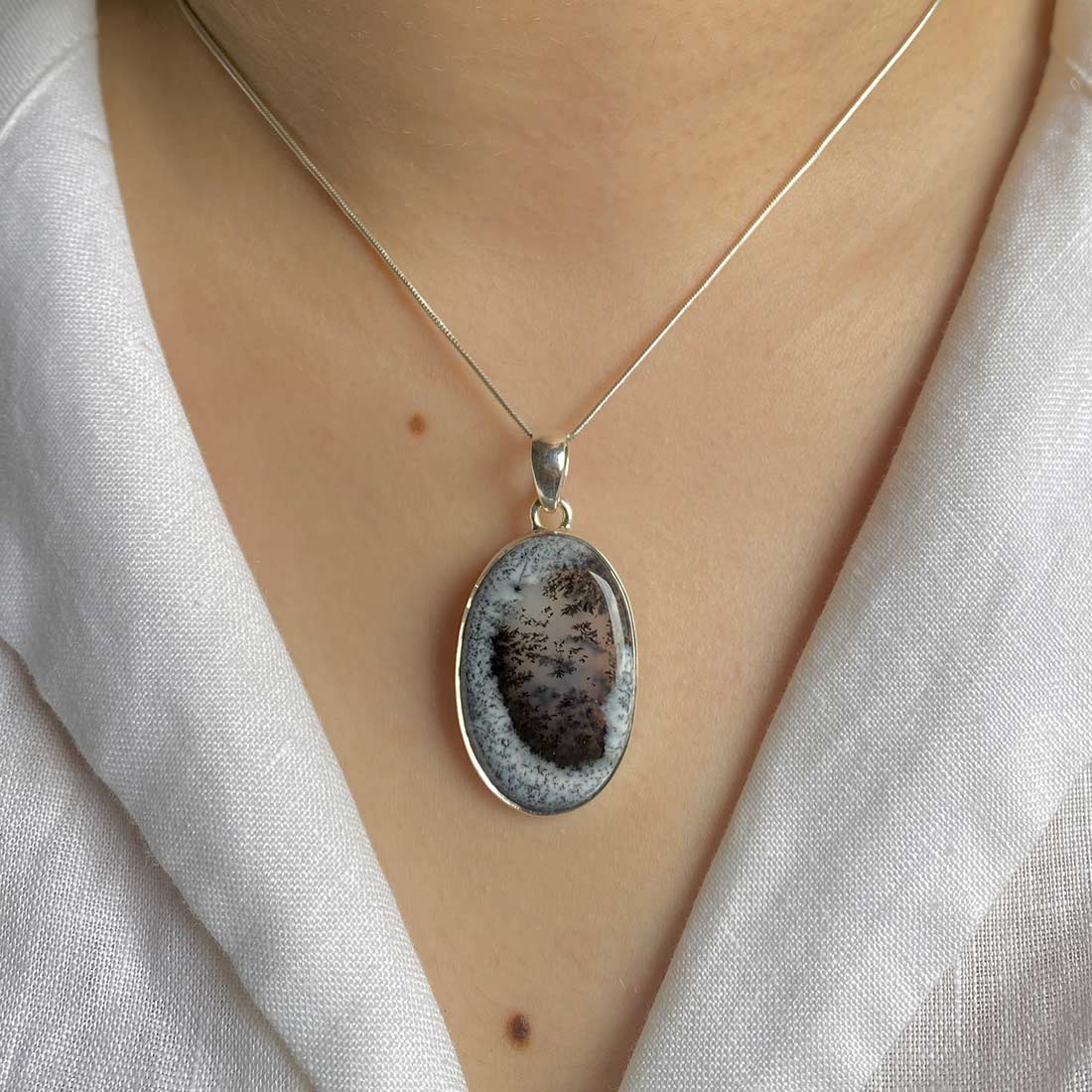 Premium Dendritic Agate Silver Pendant - Elegant Minimalist Jewelry