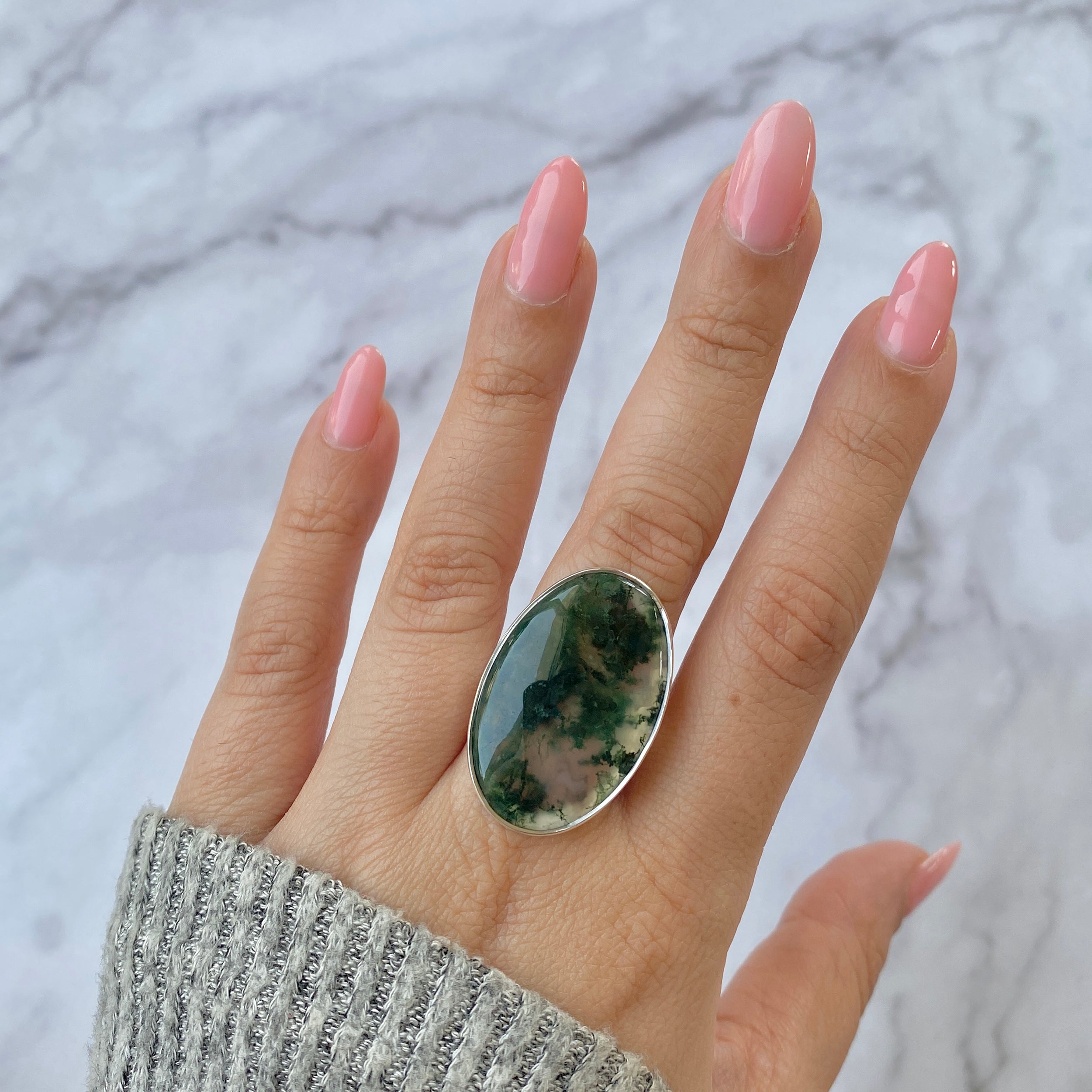 Premium Moss Agate Adjustable Ring - Elegant Statement Jewelry (MOA-R-6)