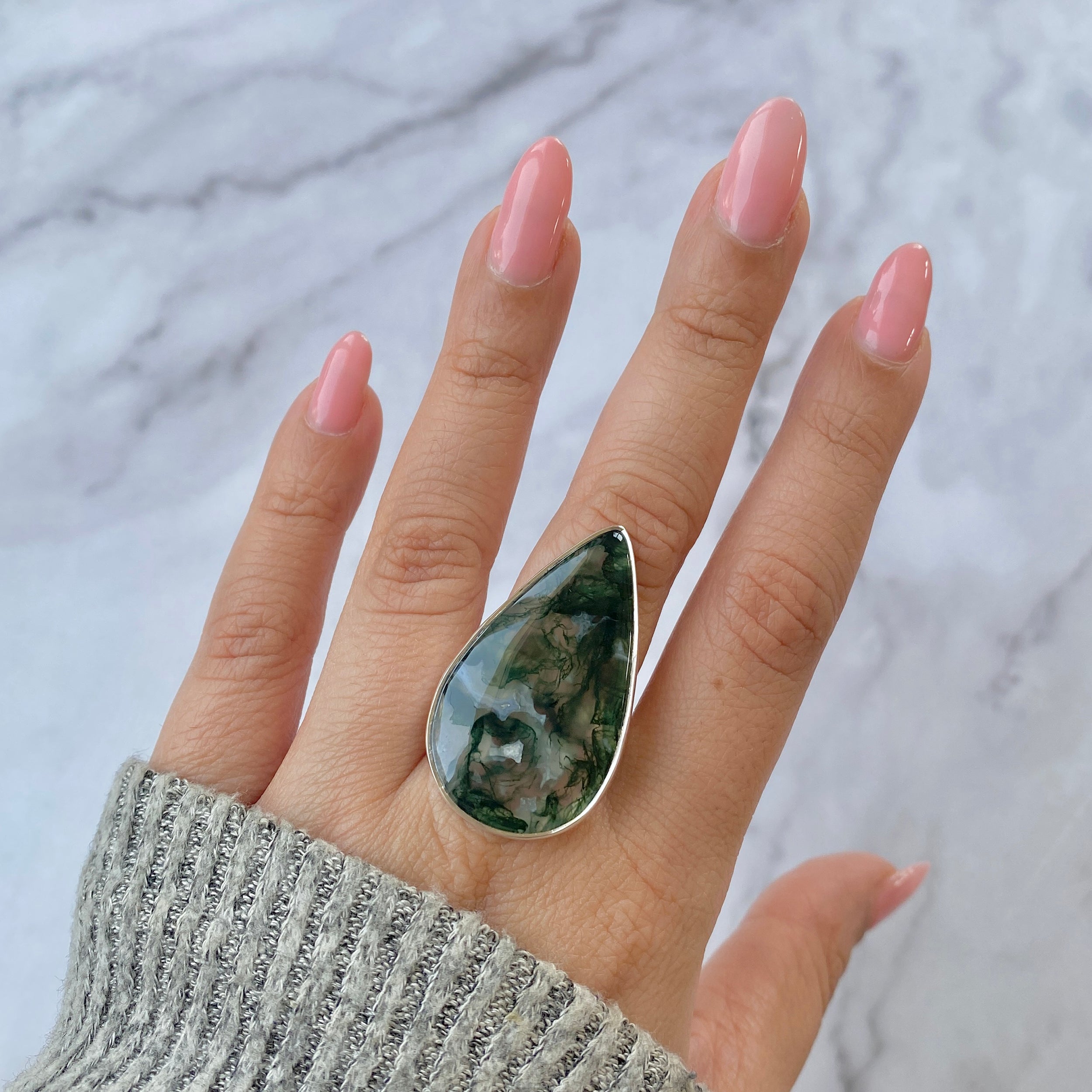 Premium Moss Agate Adjustable Ring - Elegant Statement Jewelry