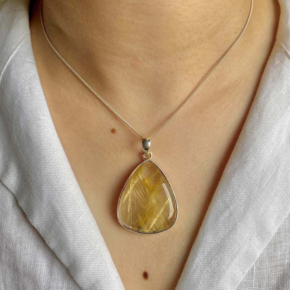 Premium Golden Rutile Statement Pendant - Elegant 925 Sterling Silver Jewelry