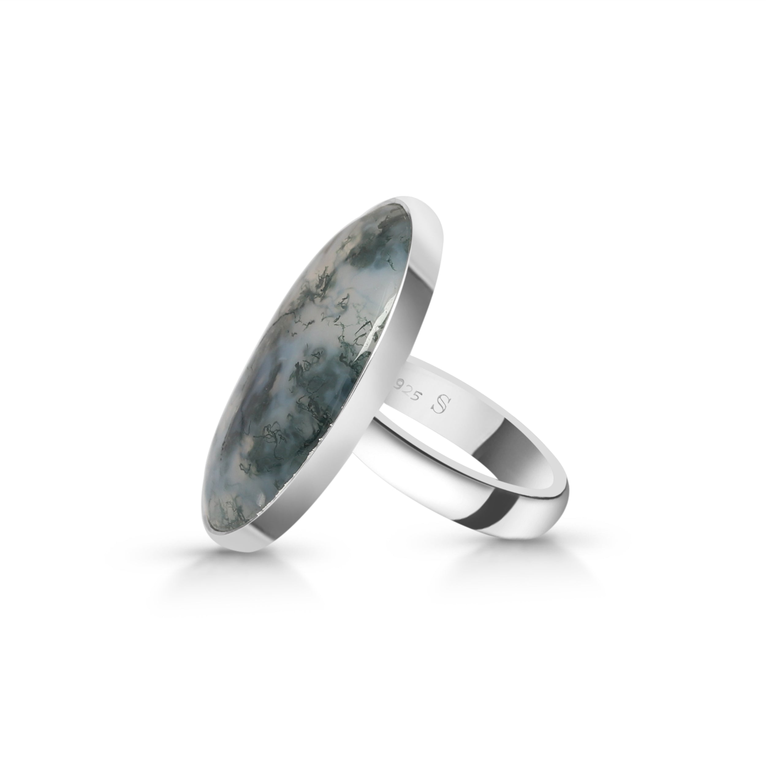 Premium Moss Agate Statement Ring - Elegant Adjustable Silver Jewelry (MOA-R-22)