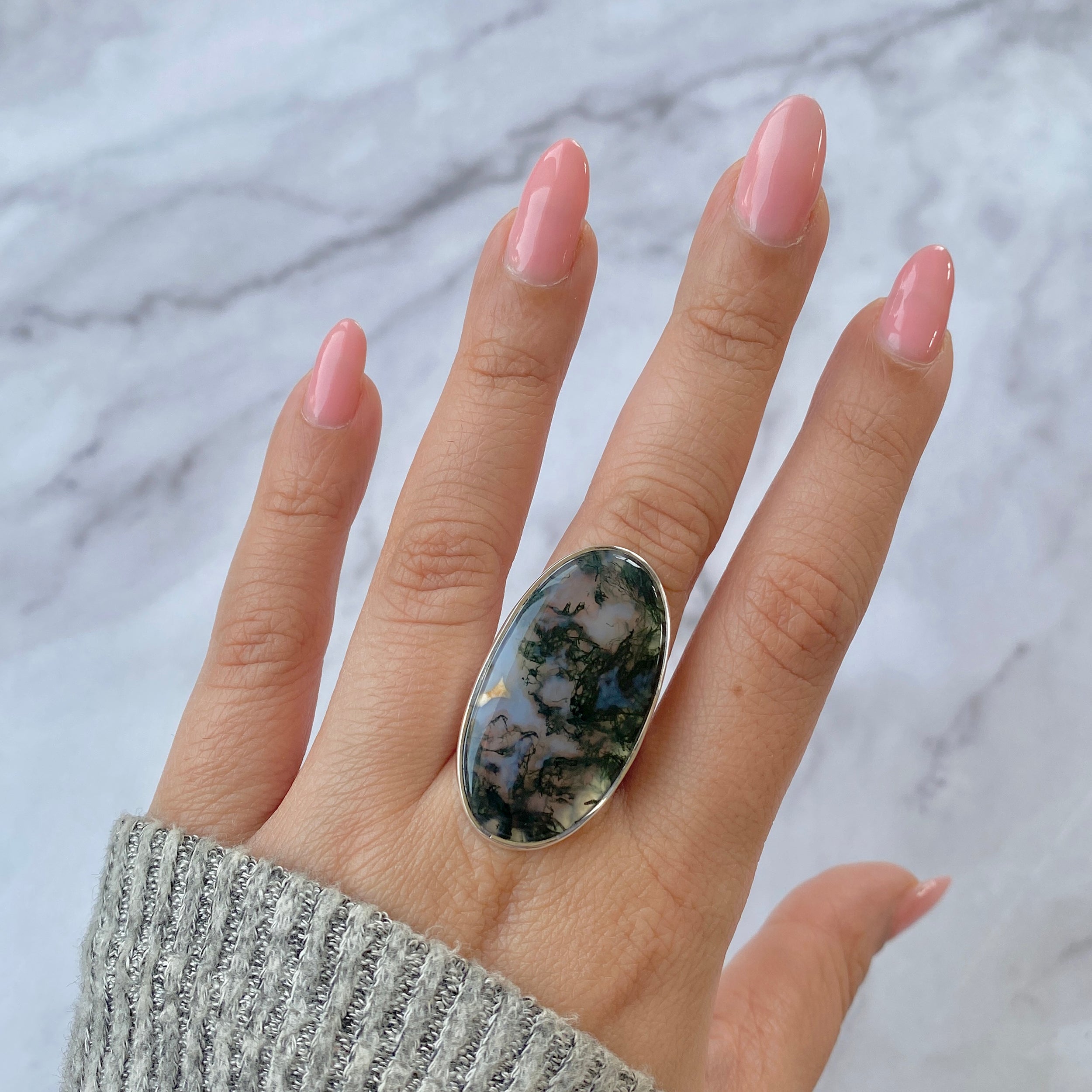 Premium Moss Agate Adjustable Ring - Elegant Statement Jewelry (MOA-R-8)