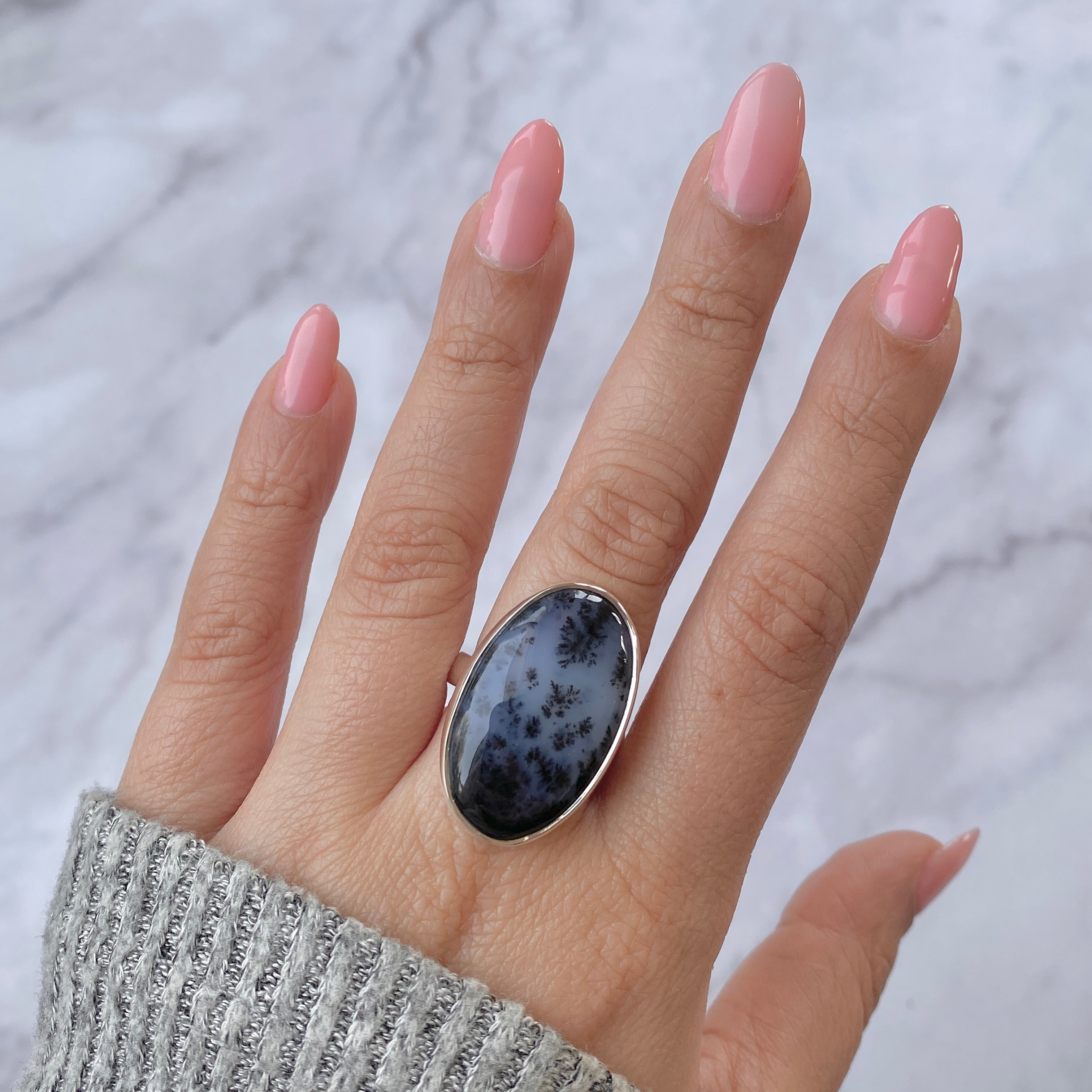 Premium Dendritic Agate Adjustable Ring - Elegant Statement Piece (DDA-R-35)