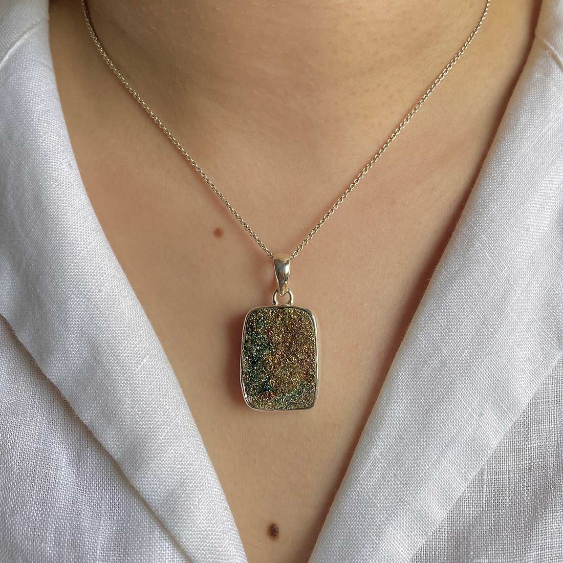 Premium Spectropyrite Druzy Pendant - Elegant Silver Jewelry