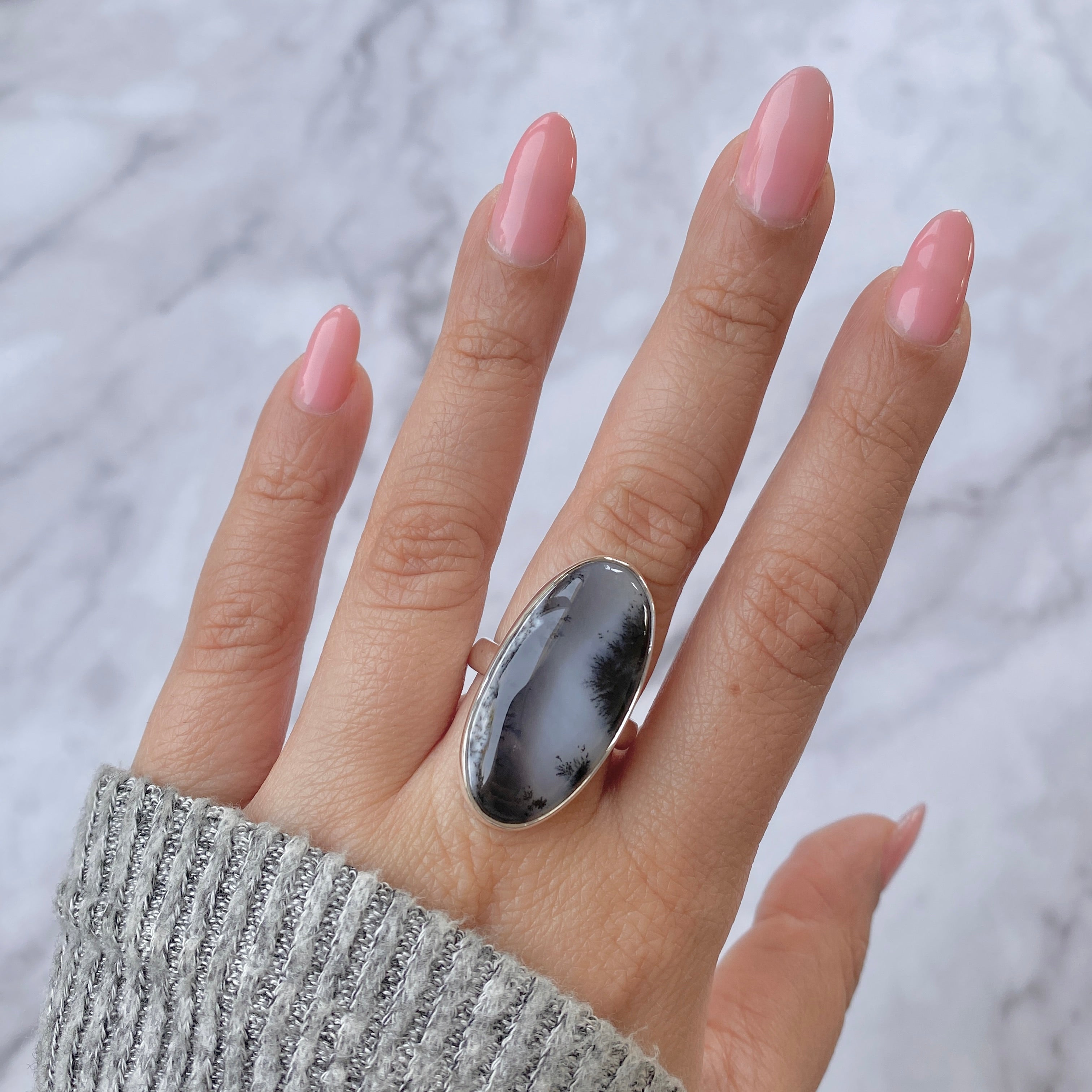 Premium Dendritic Agate Statement Ring - Elegant 925 Sterling Silver