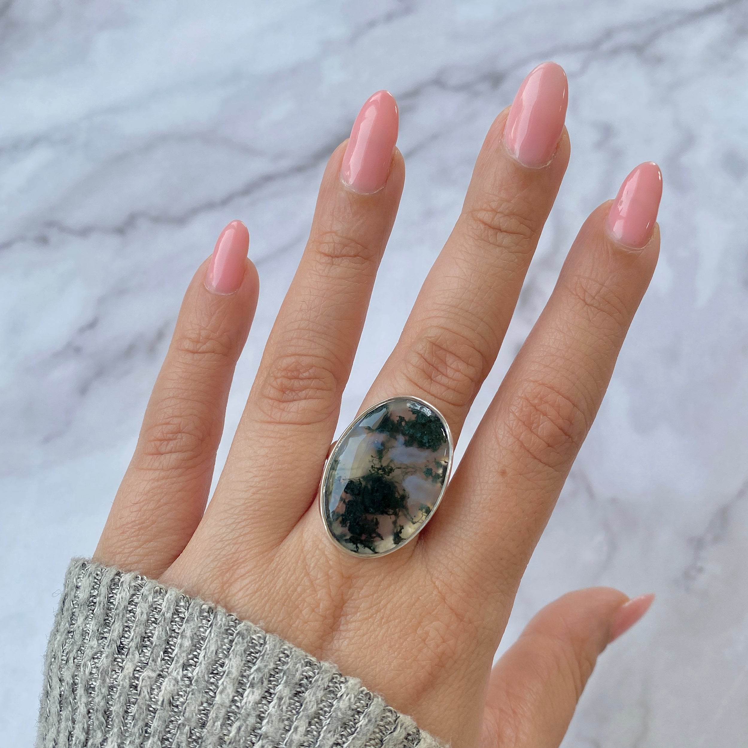 Premium Moss Agate Adjustable Ring - MOA-R-17 | Elegant Sterling Silver Jewelry