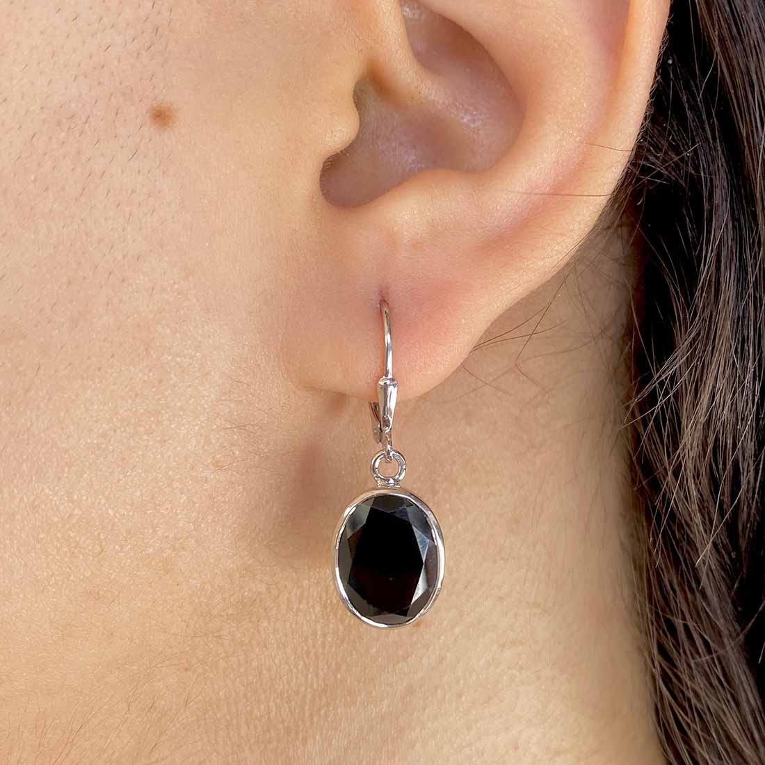 Premium Black Tourmaline Leverback Earrings - Elegant 925 Sterling Silver (BLS-SE-709)