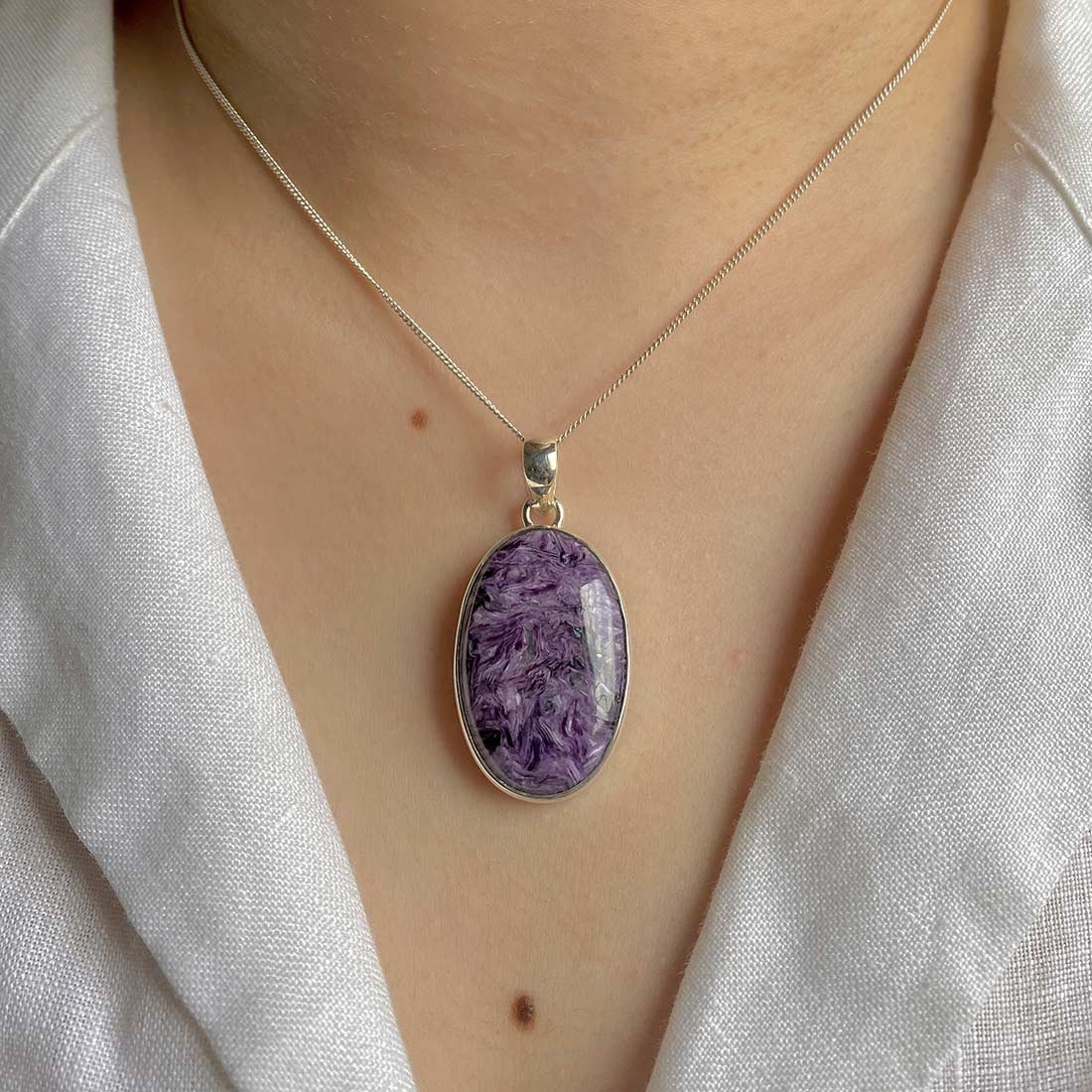 Premium Charoite Silver Pendant - Elegant Purple Gemstone Jewelry