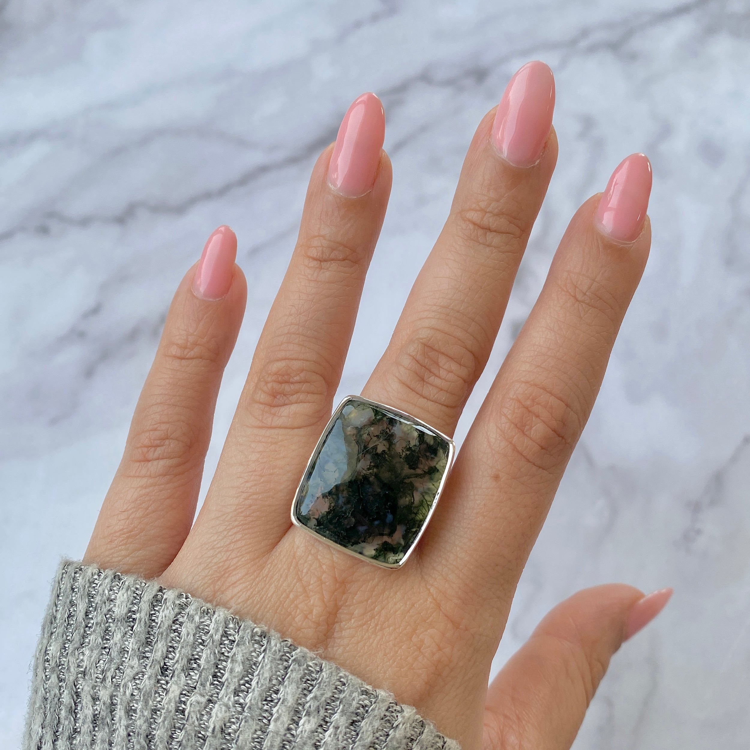 Premium Moss Agate Adjustable Ring - Elegant Green Statement Jewelry