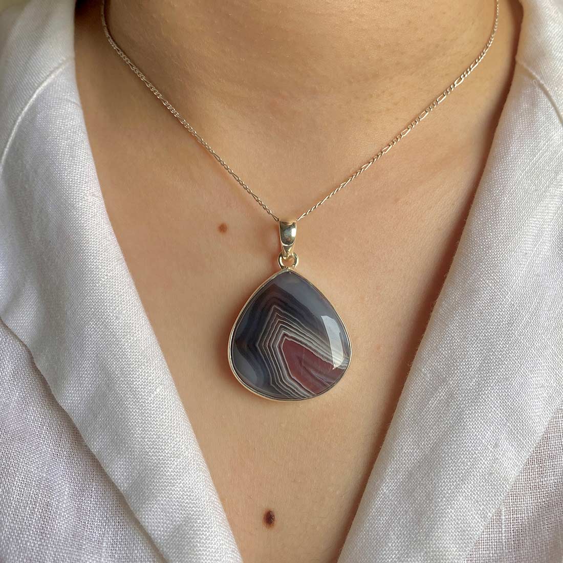 Premium Botswana Agate Pendant - Elegant Sterling Silver Jewelry