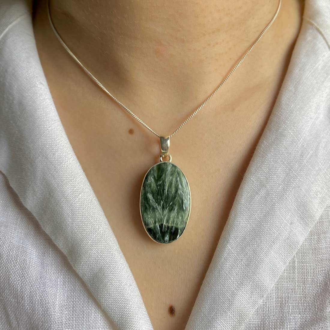 Premium Seraphinite Statement Pendant - Elegant 925 Sterling Silver Jewelry