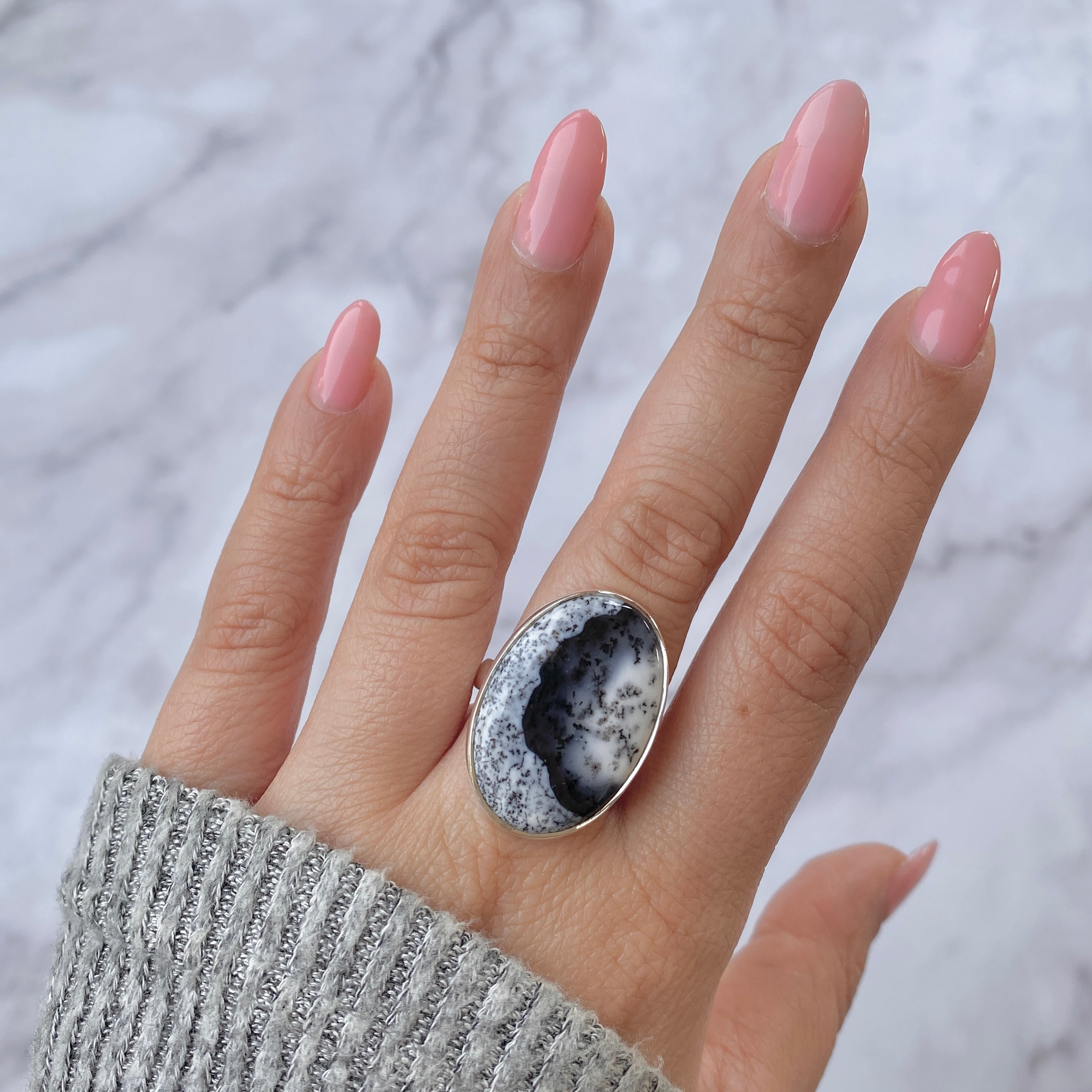 Premium Dendritic Agate Statement Ring - Elegant 925 Sterling Silver