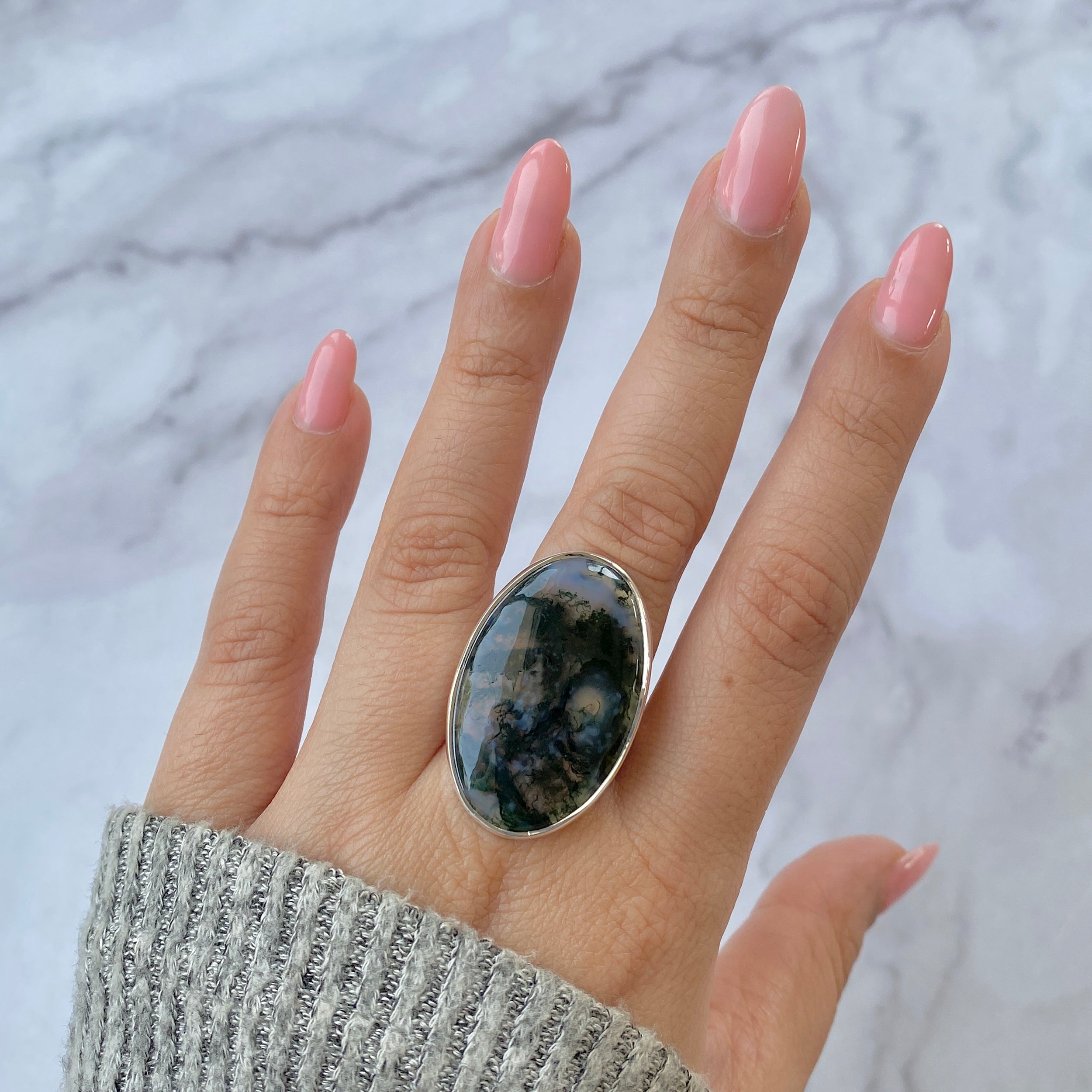 Premium Moss Agate Adjustable Ring - Elegant Statement Jewelry