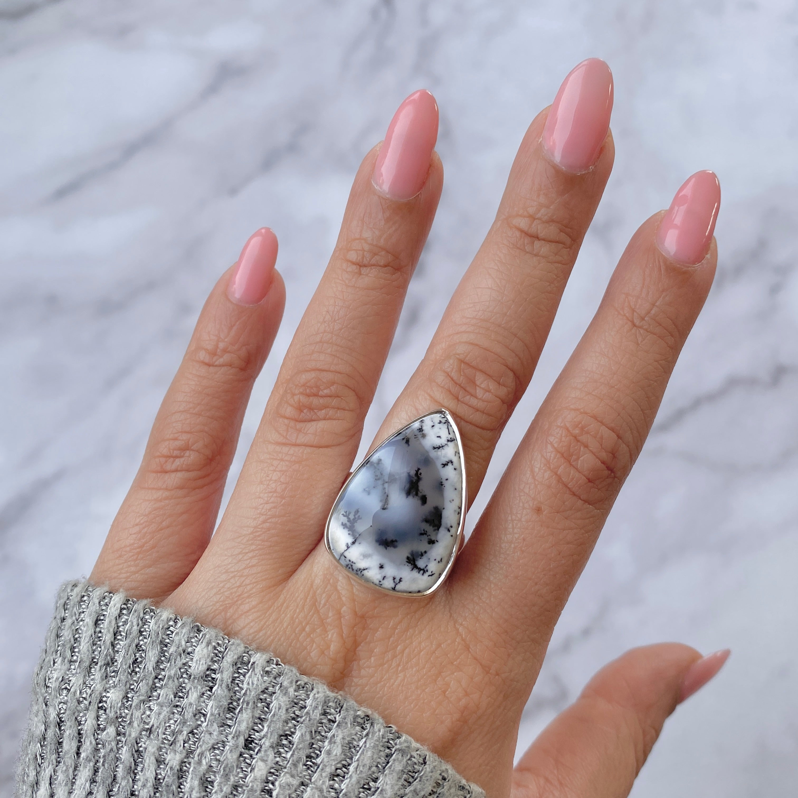 Premium Dendritic Agate Adjustable Ring - Elegant Statement Piece