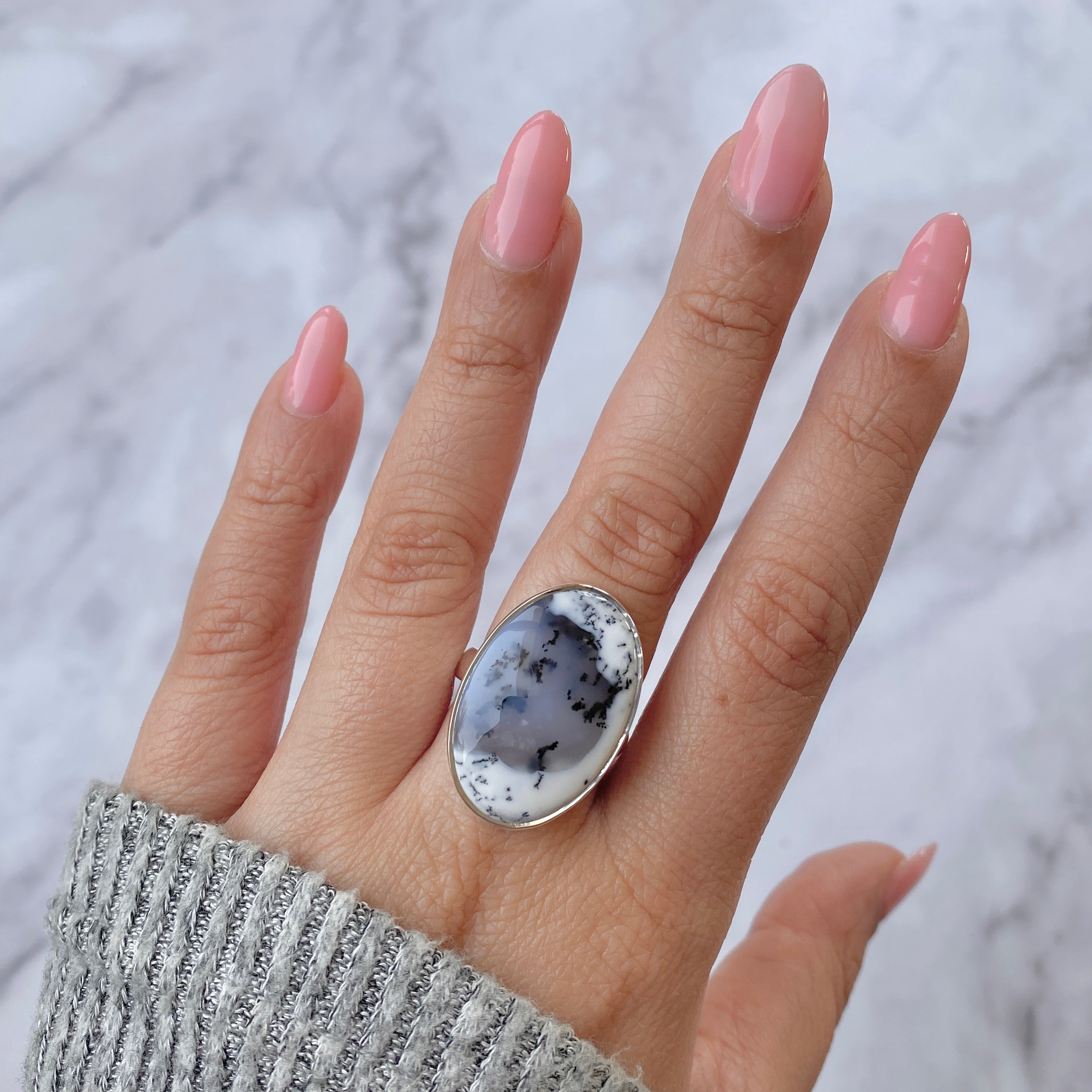 Premium Dendritic Agate Adjustable Ring - Elegant Statement Piece