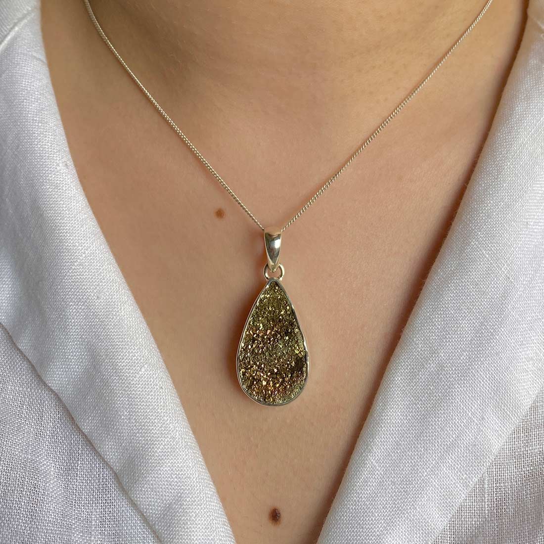 Premium Spectropyrite Druzy Pendant - Elegant Silver Statement Piece