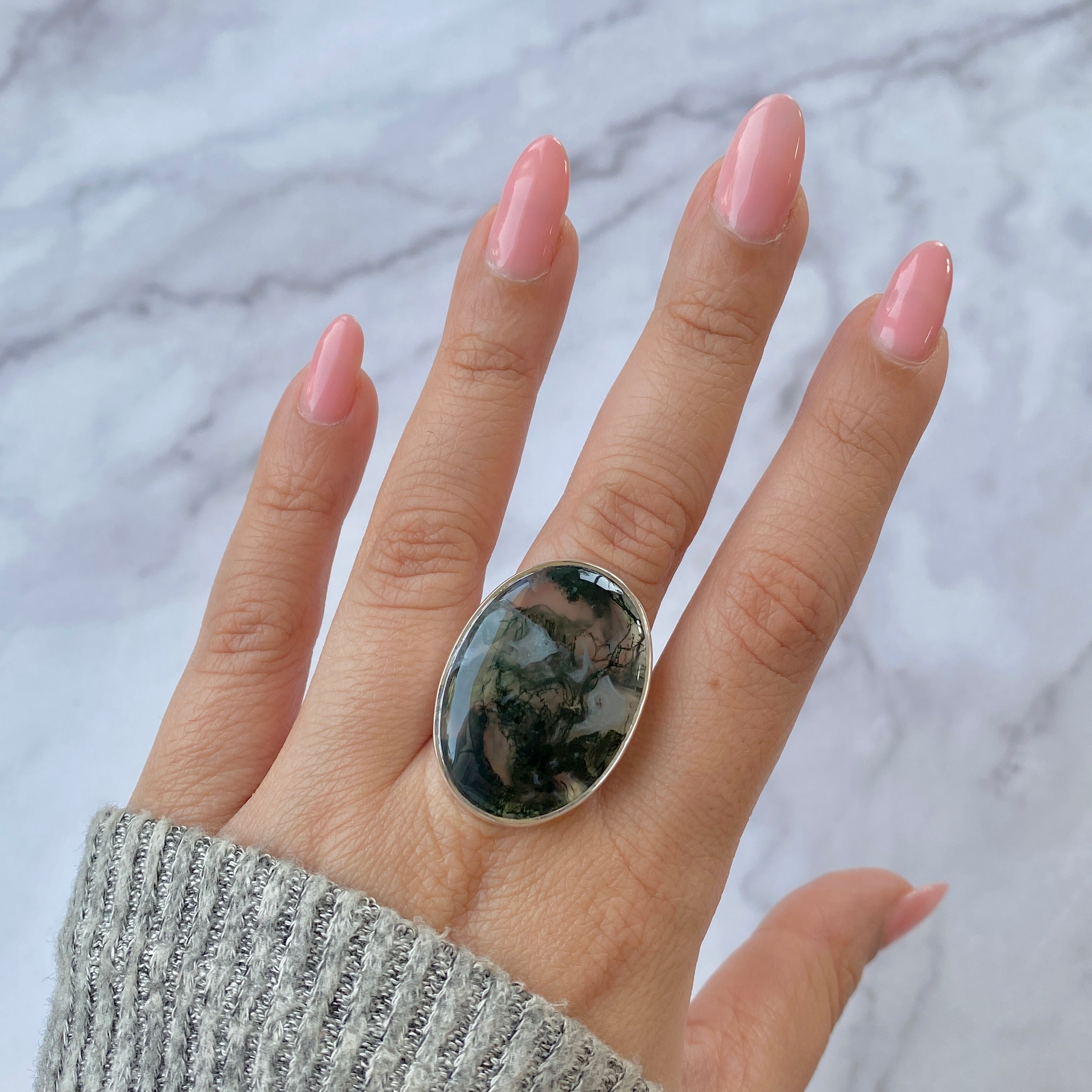 Premium Moss Agate Adjustable Ring - Elegant Statement Jewelry