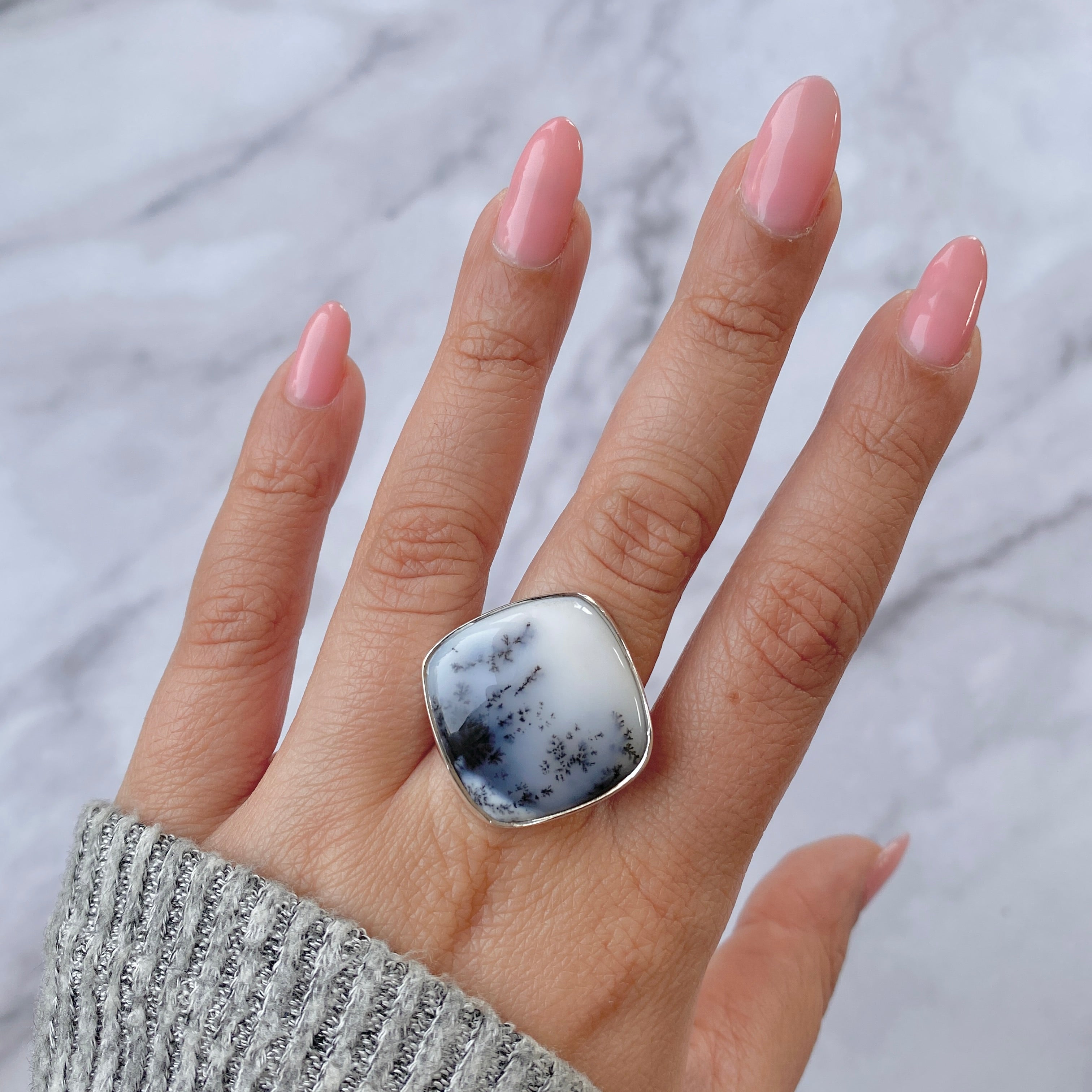 Premium Dendritic Agate Adjustable Ring - Elegant Statement Jewelry