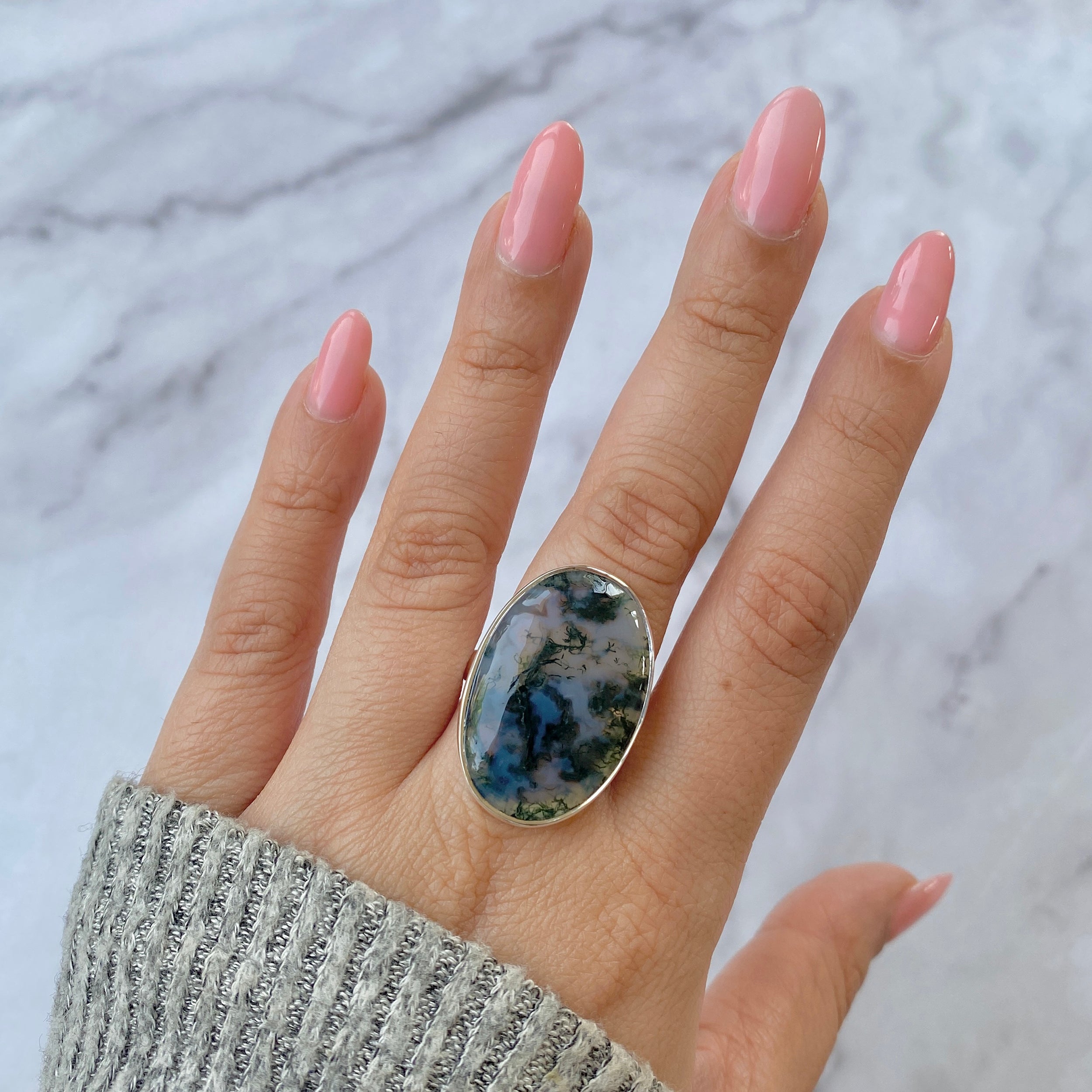 Premium Moss Agate Statement Ring - Elegant Adjustable Silver Jewelry (MOA-R-22)