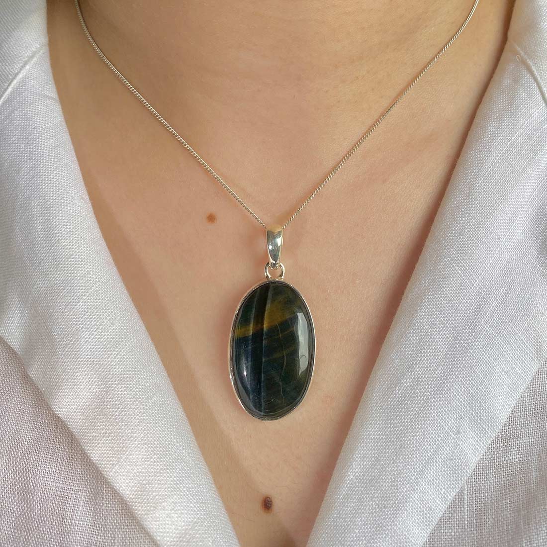 Premium Blue Tiger Eye Pendant - Elegant Sterling Silver Jewelry